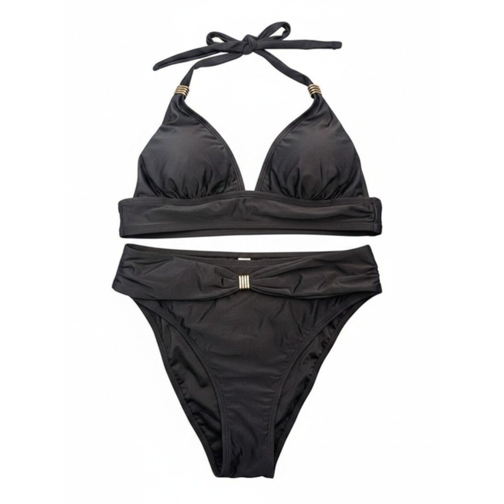 NWT Cupshe All-Black V-Neck Halter & High Waist Bikini Set with Gold Details Med